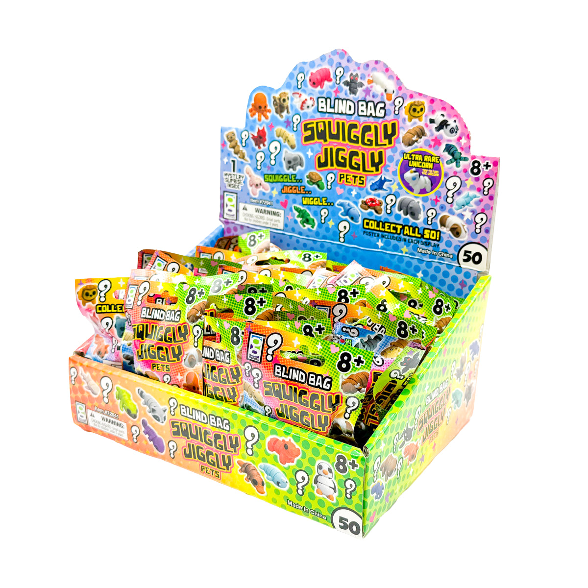 Right-angled view of a full 50-count Squiggly Jiggly Pets Blind Bags retail display on a white background.