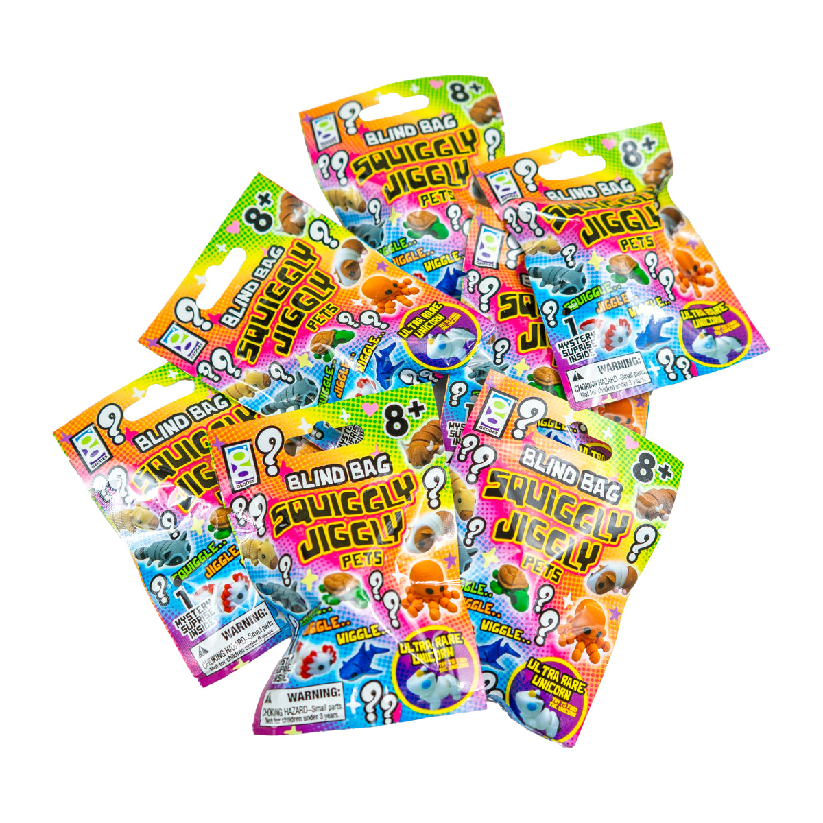 Several colorful Squiggly Jiggly Pets mystery blind bags arranged together on a white background.