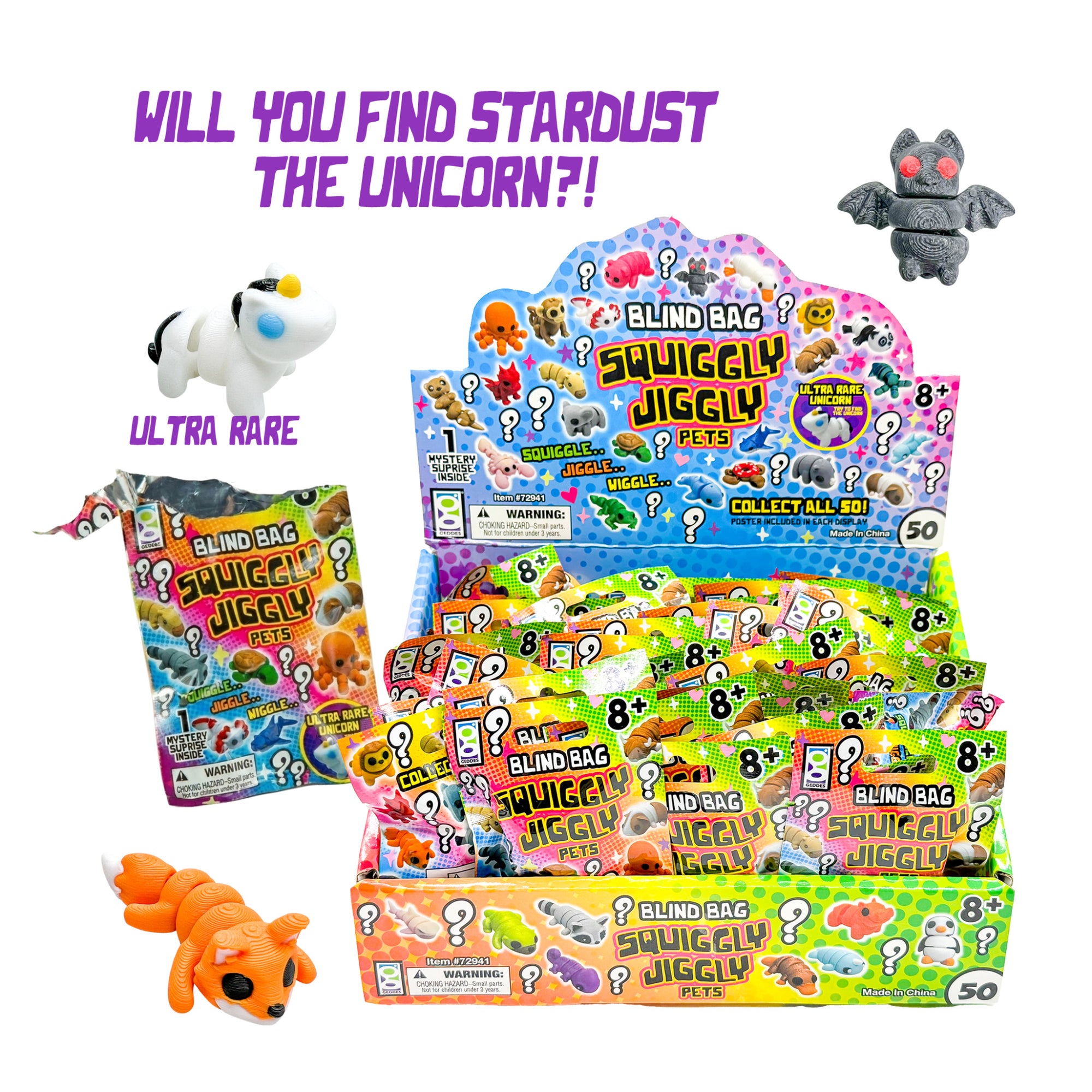 Will you find Stardust the Unicorn? A colorful display of Squiggly Jiggly Pets blind bags is surrounded by sample pets, including the ultra-rare white unicorn.