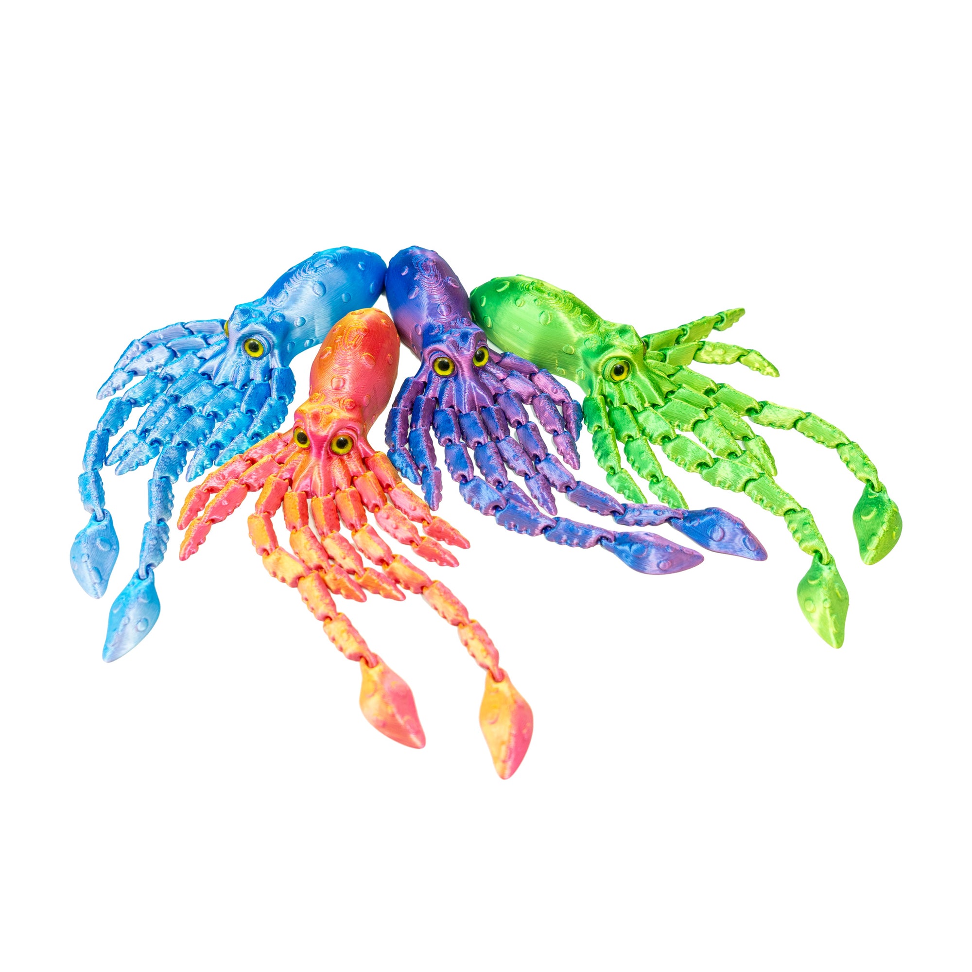 Four colorful 3D Printed Squid Fidget Toys in blue, orange, purple and green arranged together on a white background.