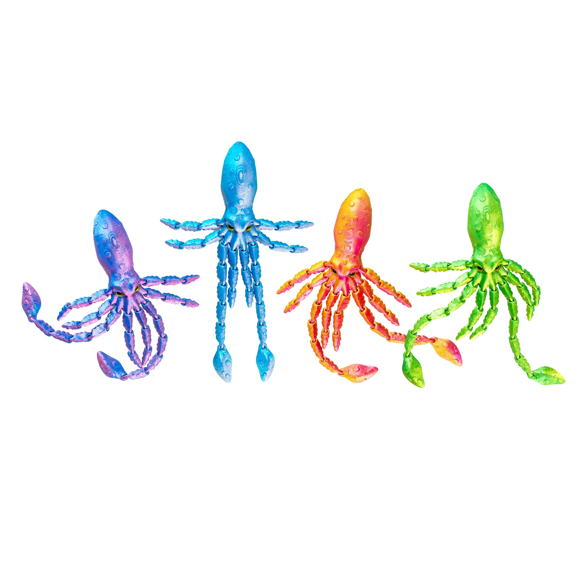 Four colorful 3D-printed squid fidget toys in purple, blue, orange, and green, posed upright in a row on a white background.