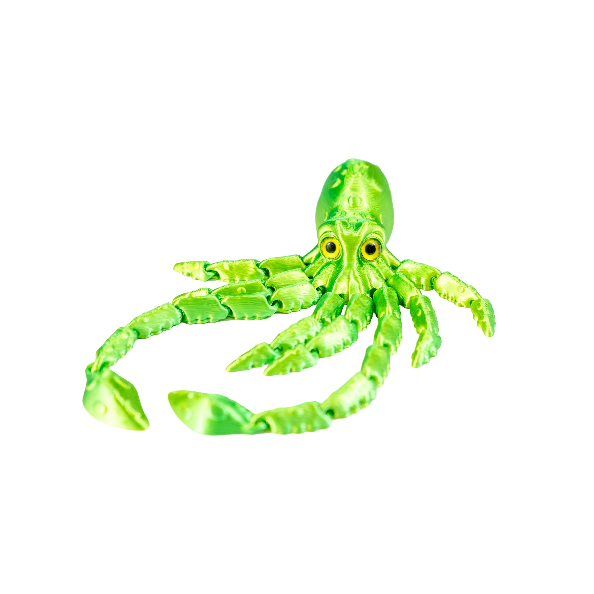 Green 3D-printed squid fidget toy facing forward with its articulated arms and long tentacles curled around it.