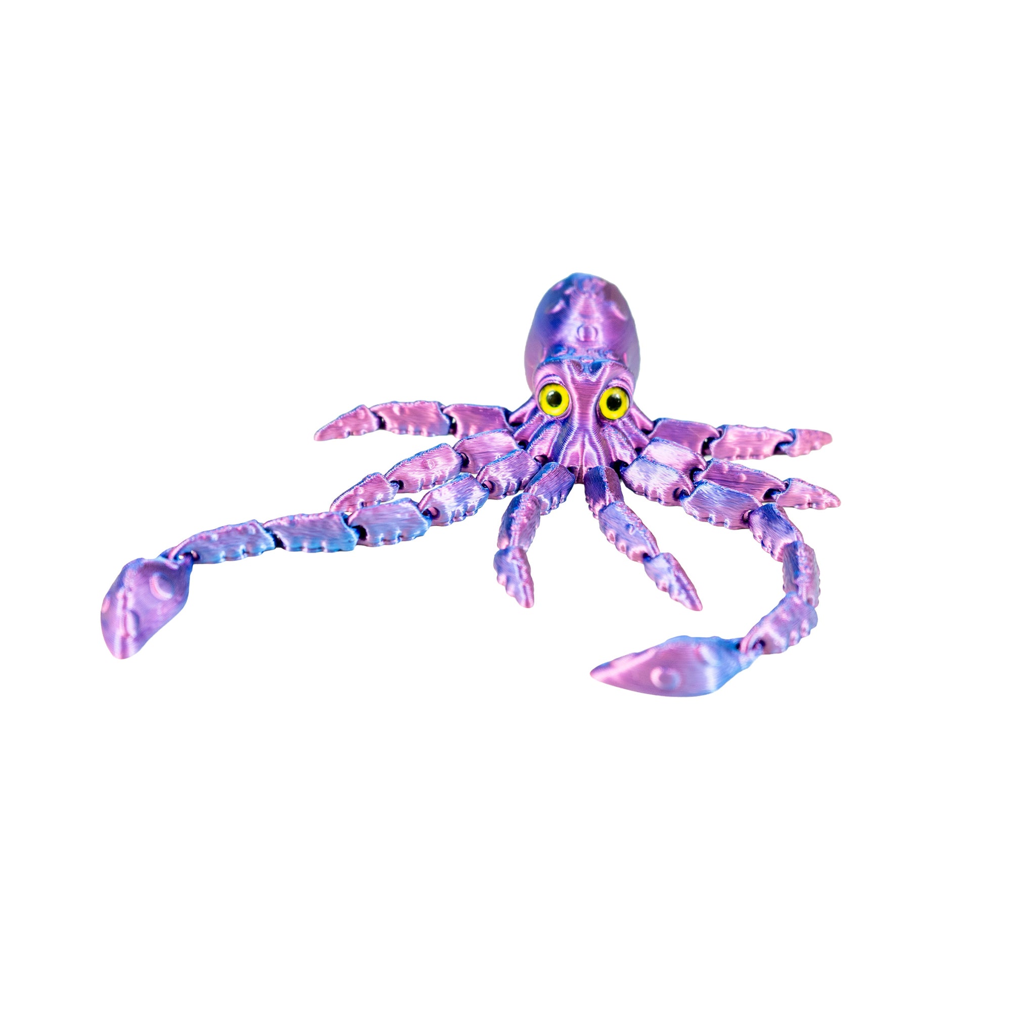 Purple and blue 3D-printed squid fidget toy facing forward with its articulated arms and long tentacles extended.