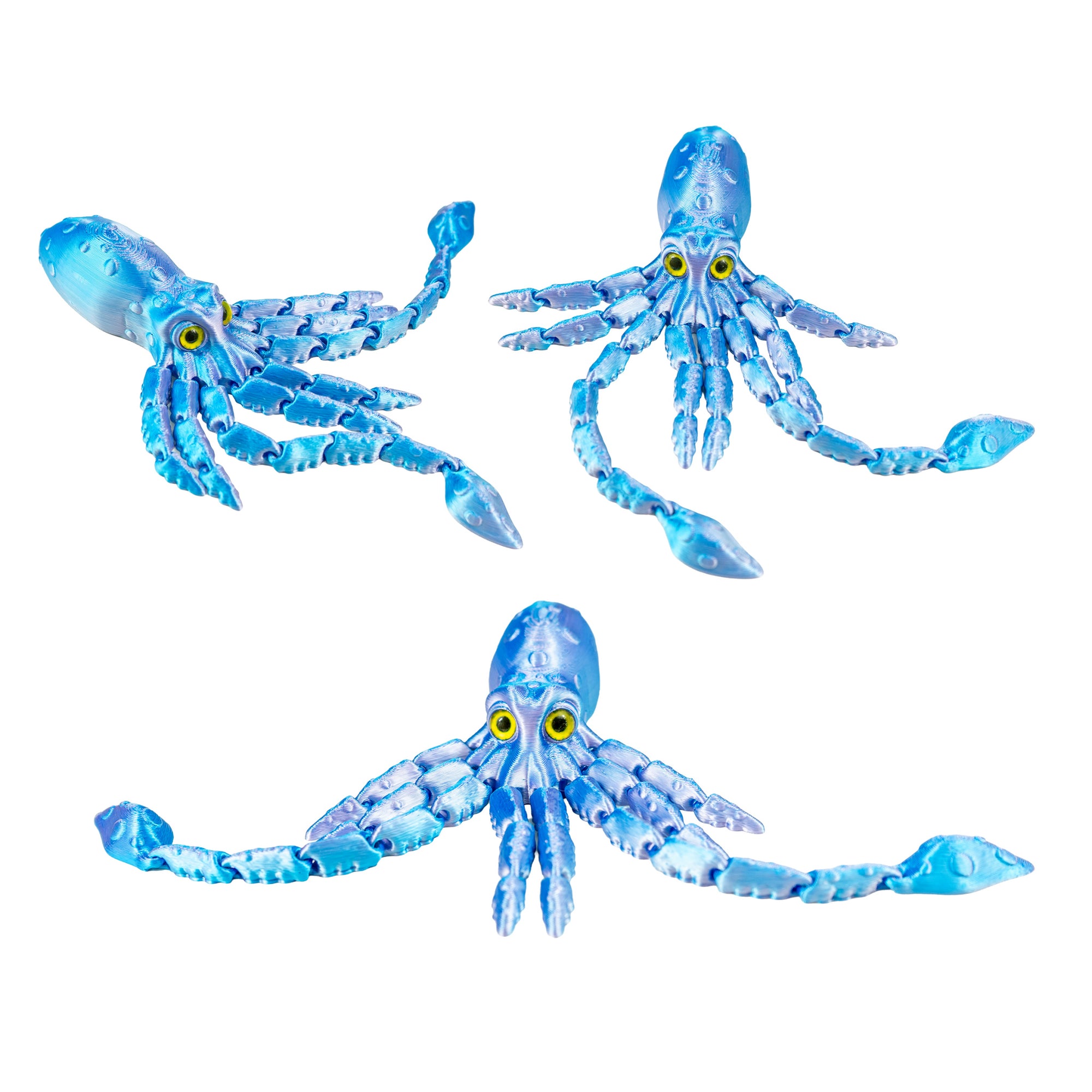 Three blue 3D-printed squid fidget toys arranged in different poses on a plain white background