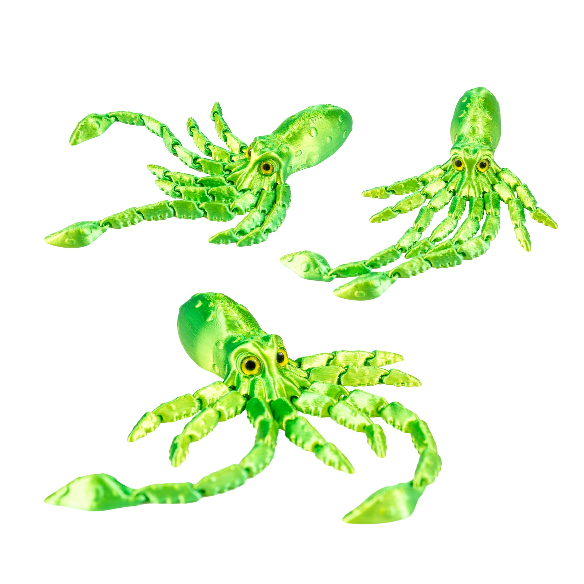Three green 3D-printed squid fidget toys arranged in different poses on a plain white background.