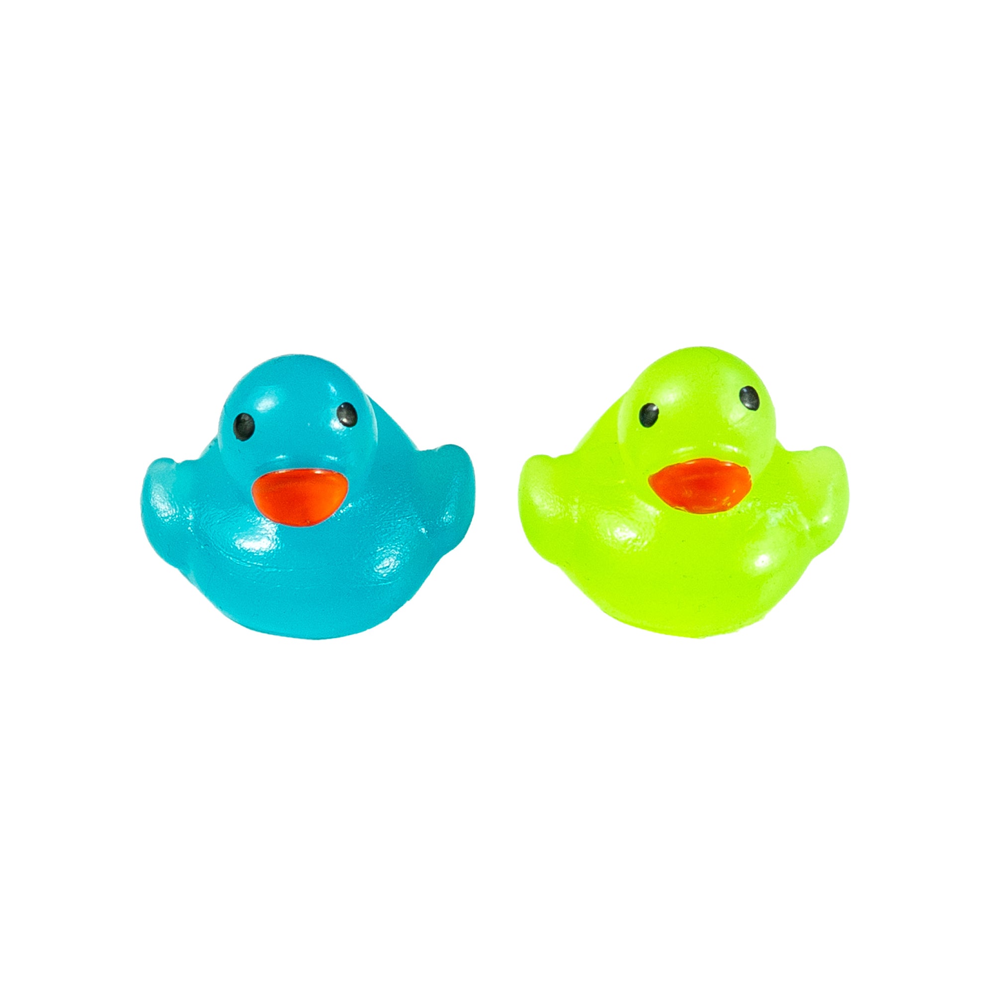 Light blue and light green Scented Glow-in-the-Dark Squishy Mini Ducks side by side on a white background.