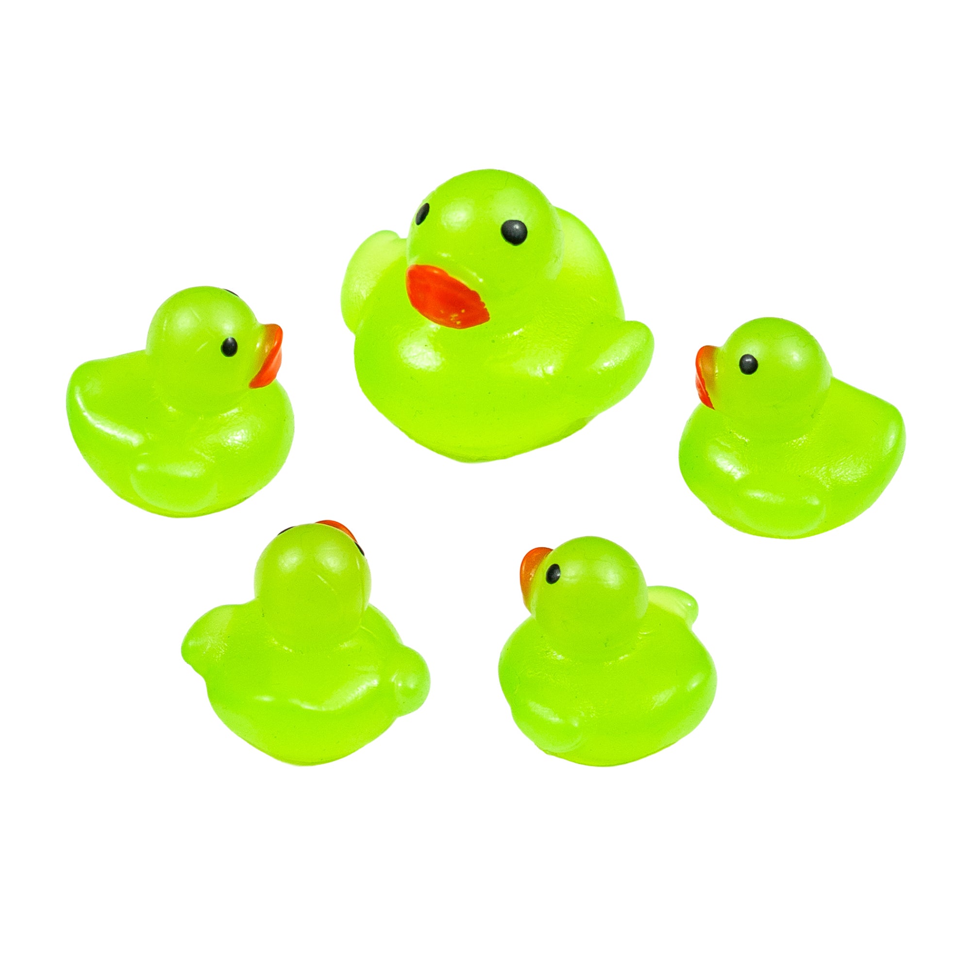 Five light green Scented Glow-in-the-Dark Squishy Mini Ducks arranged together on a white background.