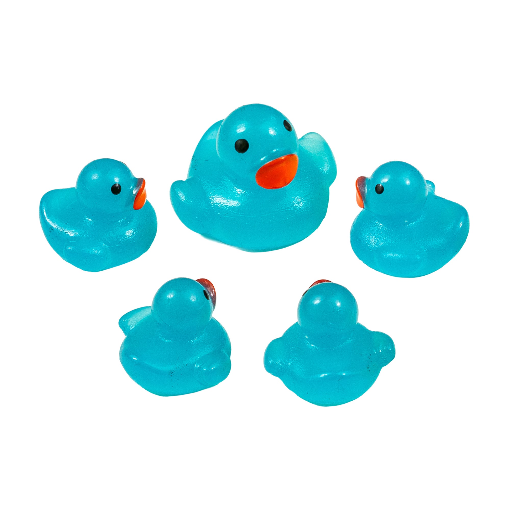 Five light blue Scented Glow-in-the-Dark Squishy Mini Ducks arranged together on a white background.