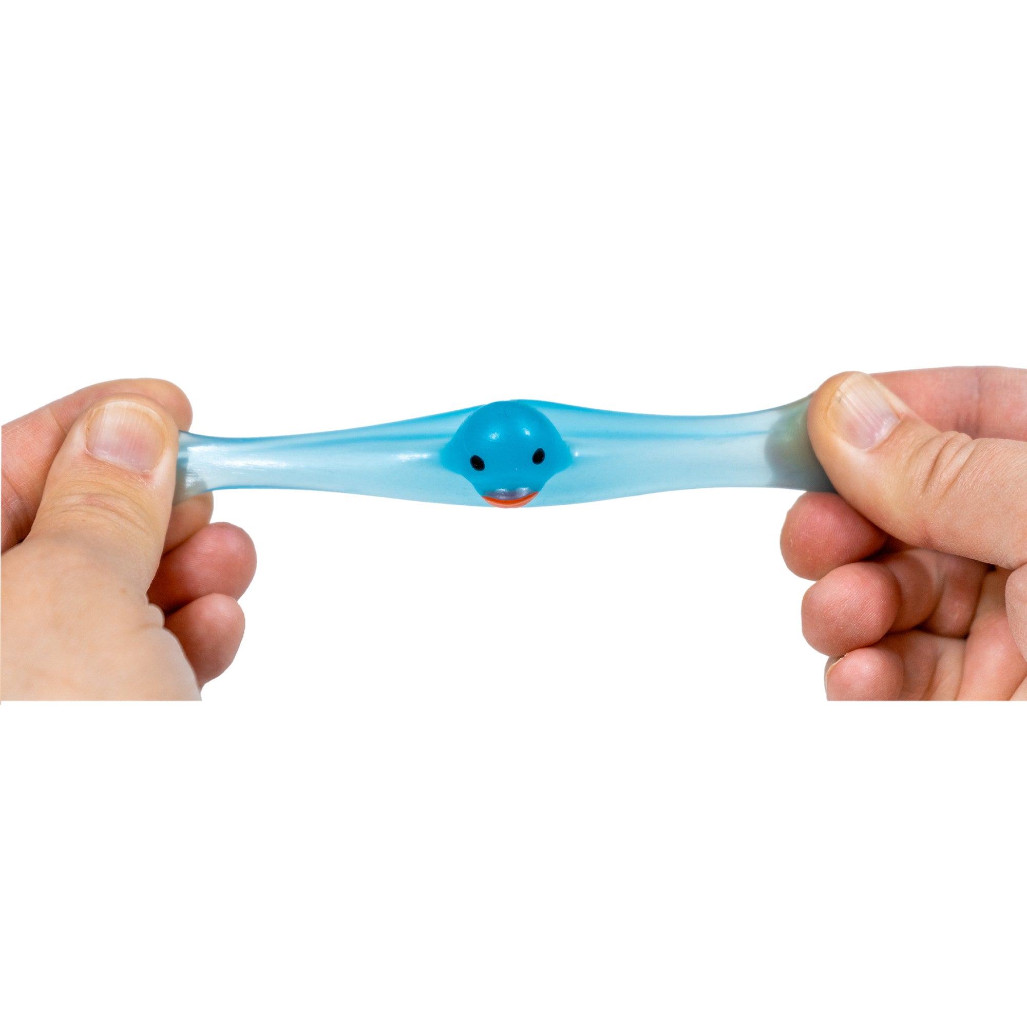 Light blue Scented Glow-in-the-Dark Squishy Mini Duck stretched wide between two hands with its face visible.