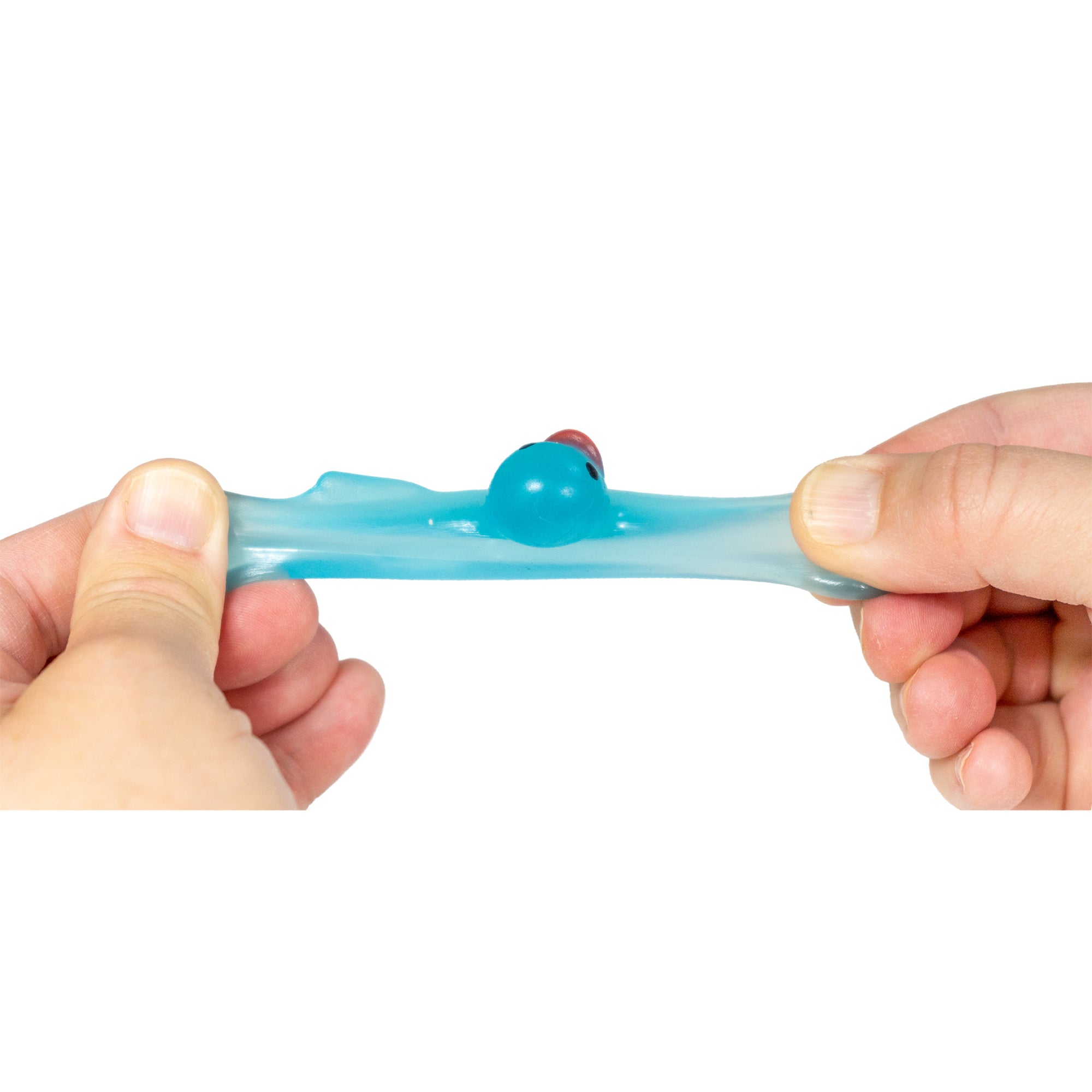 Close-up of a light blue Scented Glow-in-the-Dark Squishy Mini Duck stretched sideways between two hands.