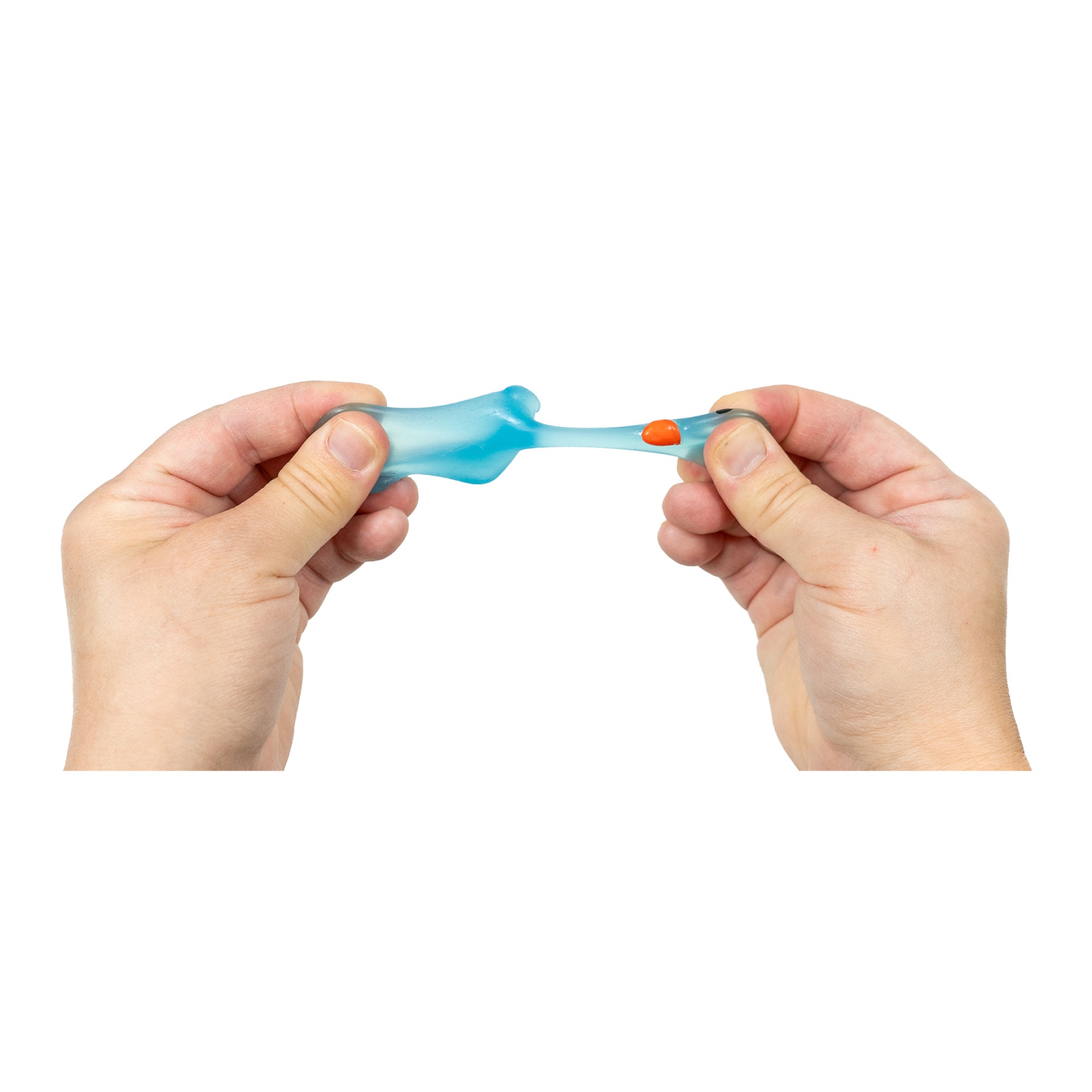 Light blue Scented Glow-in-the-Dark Squishy Mini Duck pulled lengthwise between two hands to show its stretchy texture.