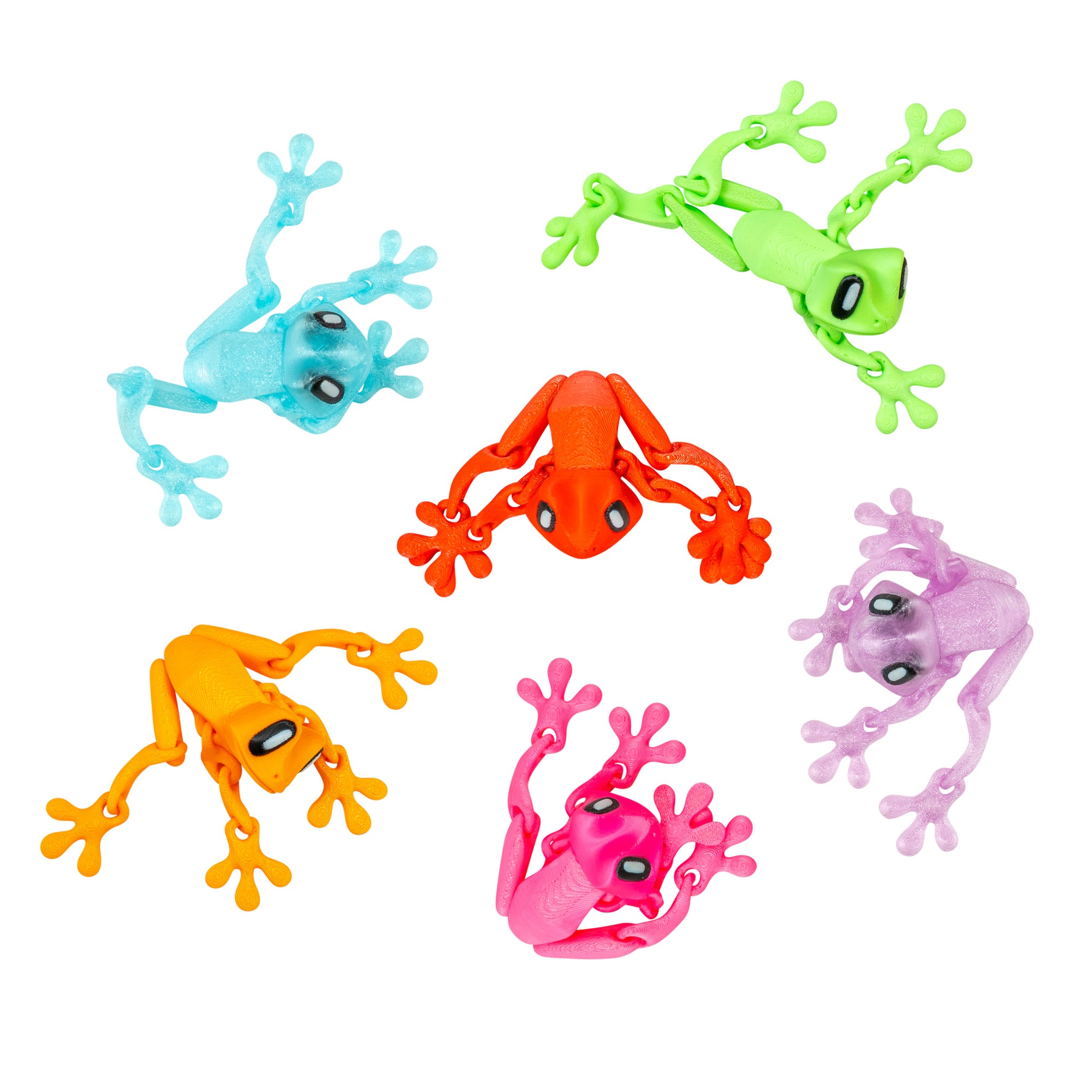 Six 3D Printed Magnetic Frog Locker Buddies in neon green, neon pink, neon orange, neon red, sparkly light blue and sparkly lilac.