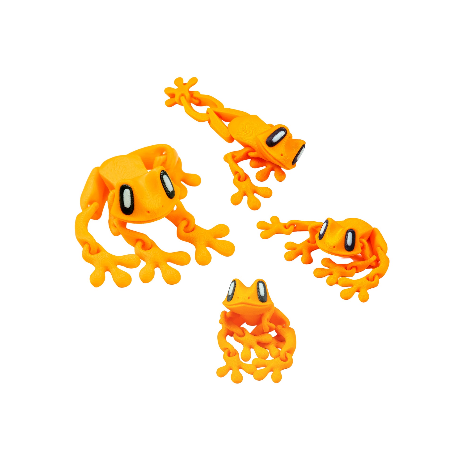 Four neon orange 3D Printed Magnetic Frog Locker Buddies shown in different articulated poses.