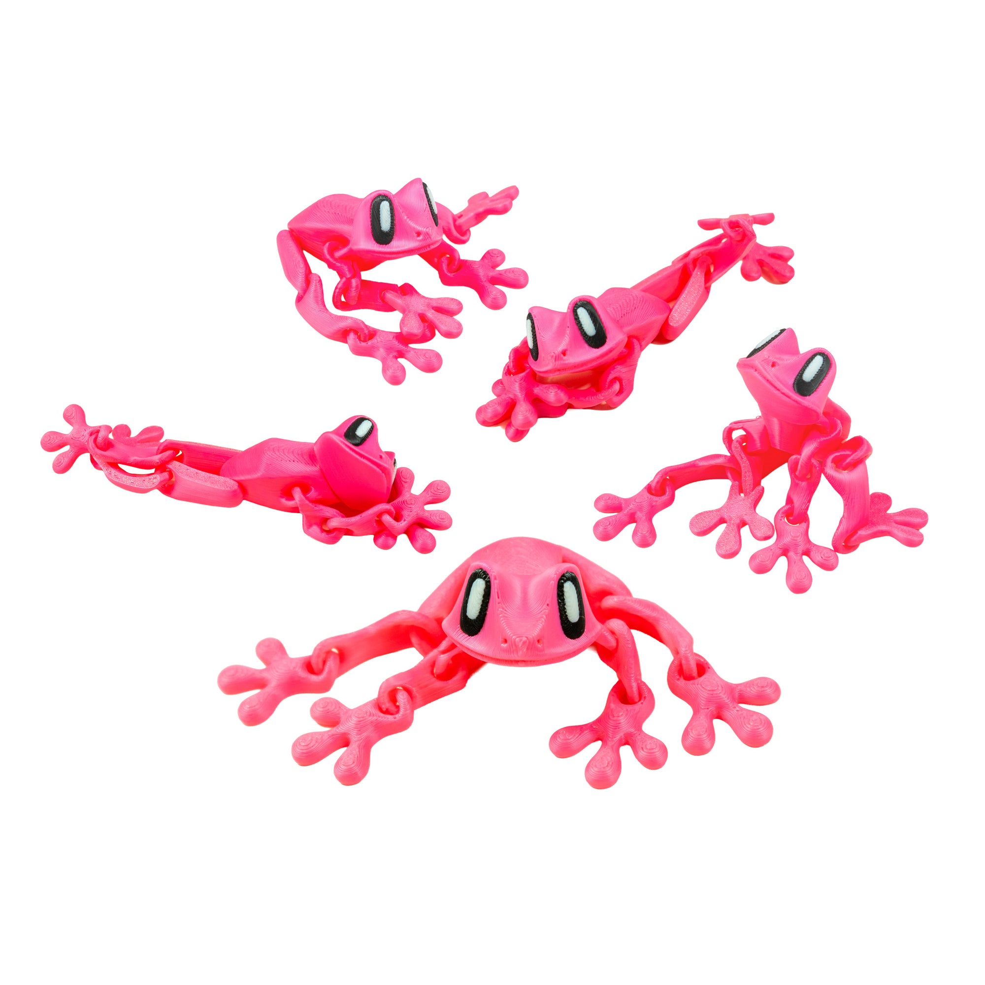 Five neon pink 3D Printed Magnetic Frog Locker Buddies shown in different articulated poses.
