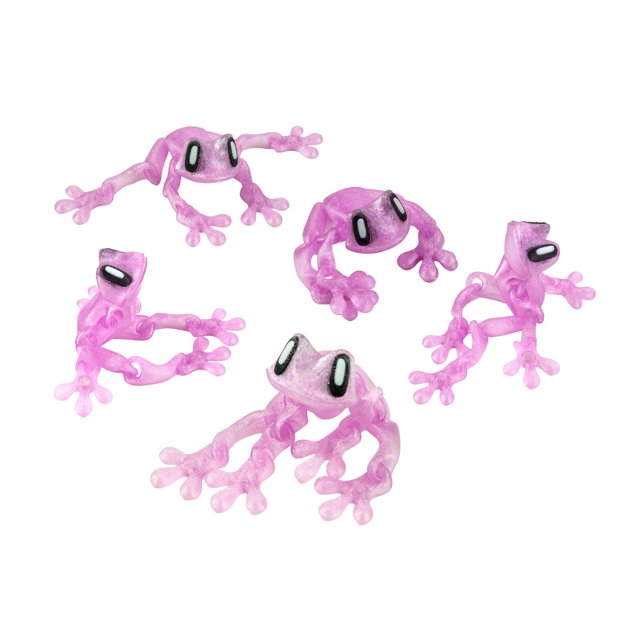 Five sparkly lilac 3D Printed Magnetic Frog Locker Buddies shown in different articulated poses.