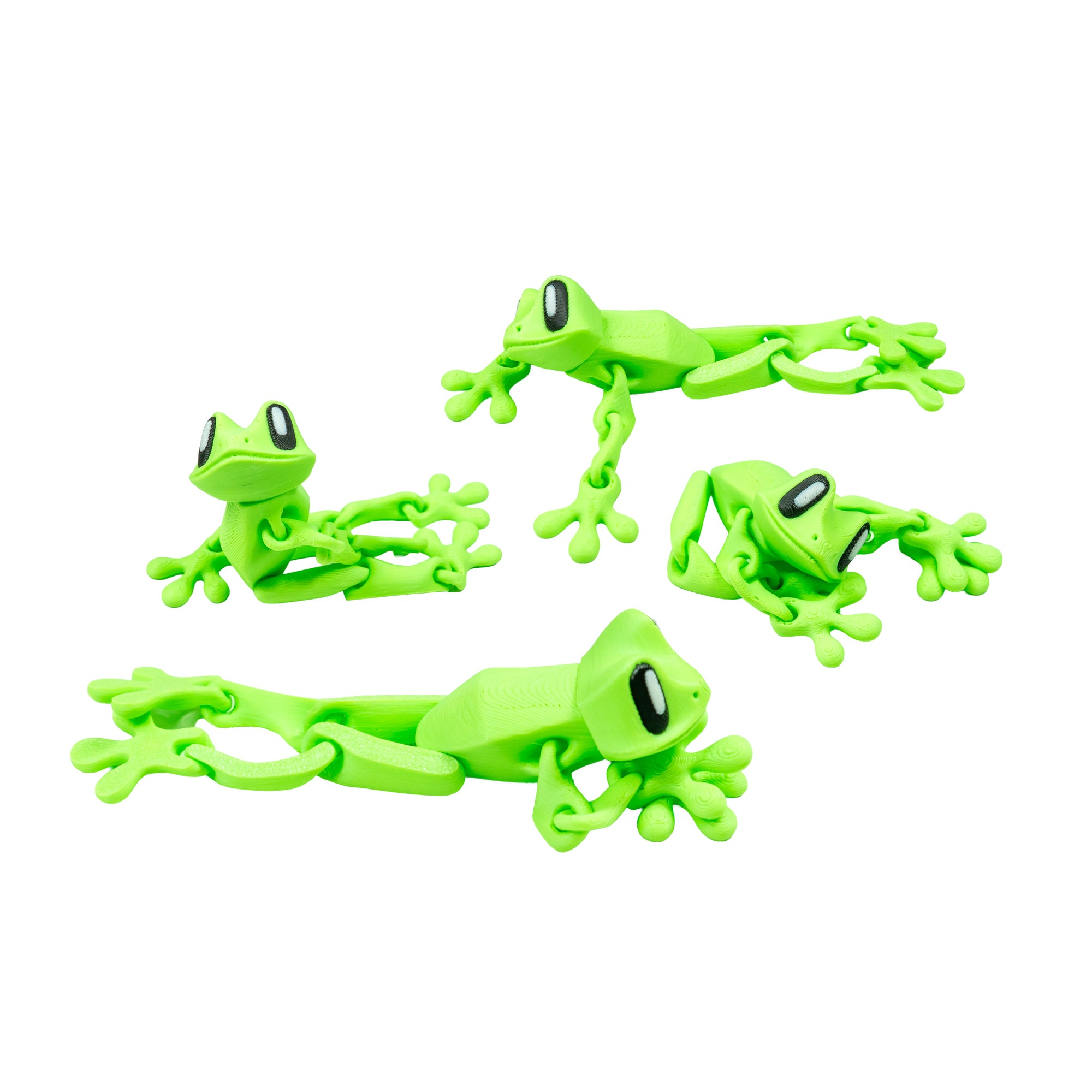 Four neon green 3D Printed Magnetic Frog Locker Buddies shown in different articulated poses.