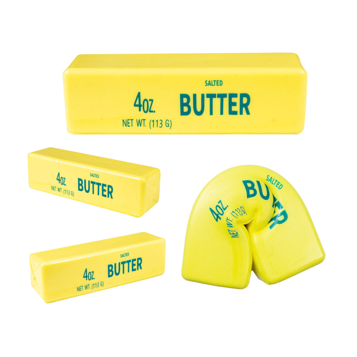 Yellow Squeeze Butter toy shown from several angles, including a folded and squeezed view.