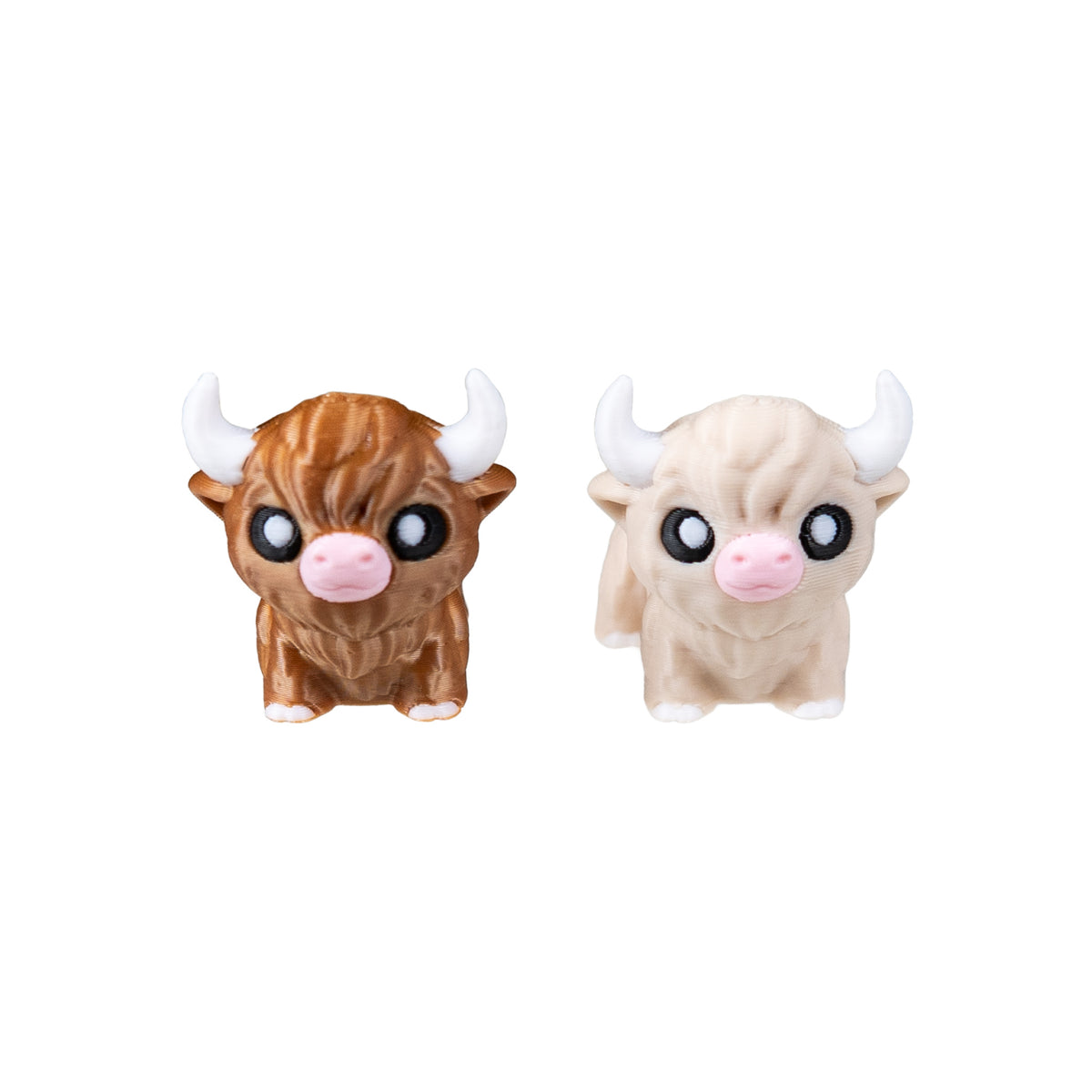 Maple and Moose 3D Printed Highland Cow Fidgets in light tan and dark brown with white horns and pink noses.