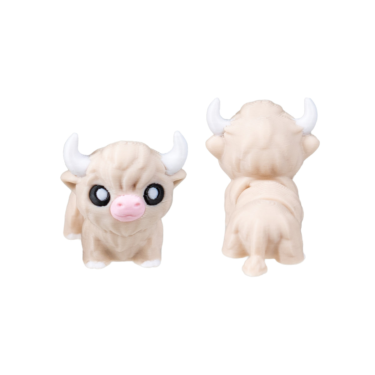 Front and back views of Maple, the light tan 3D Printed Highland Cow Fidget.