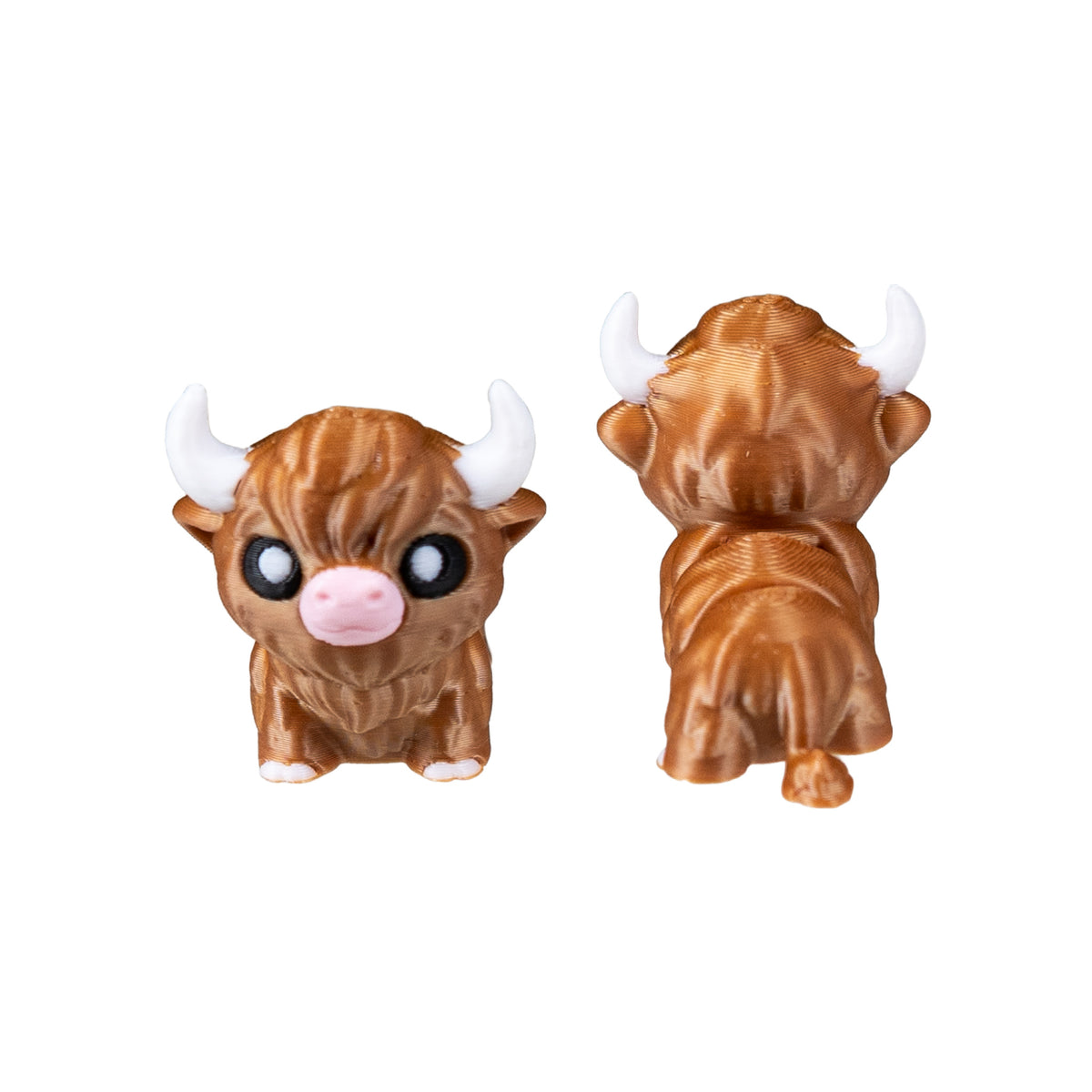 Front and back views of Moose, the dark brown 3D Printed Highland Cow Fidget.