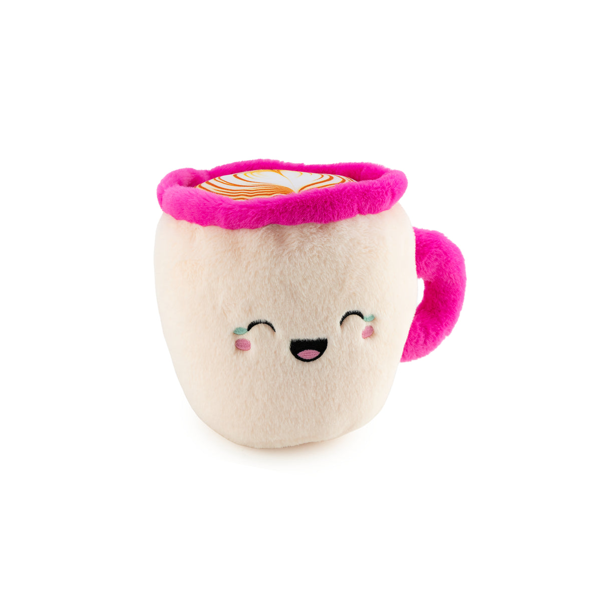 Coffee Cup Plush character in cream with hot pink.