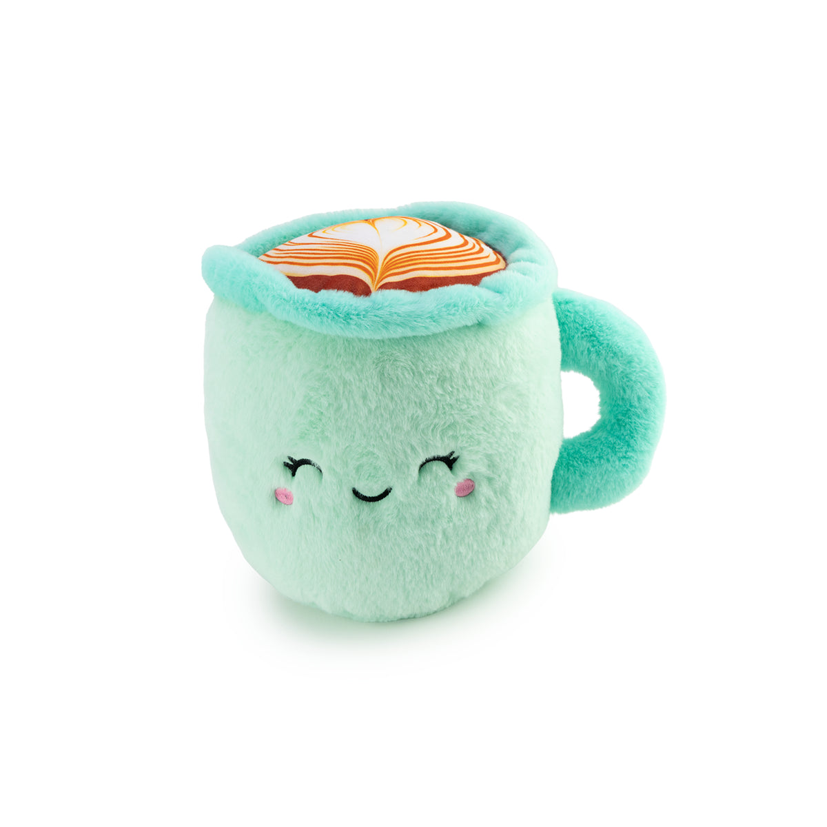 Coffee Cup Plush character in mint green with aqua.