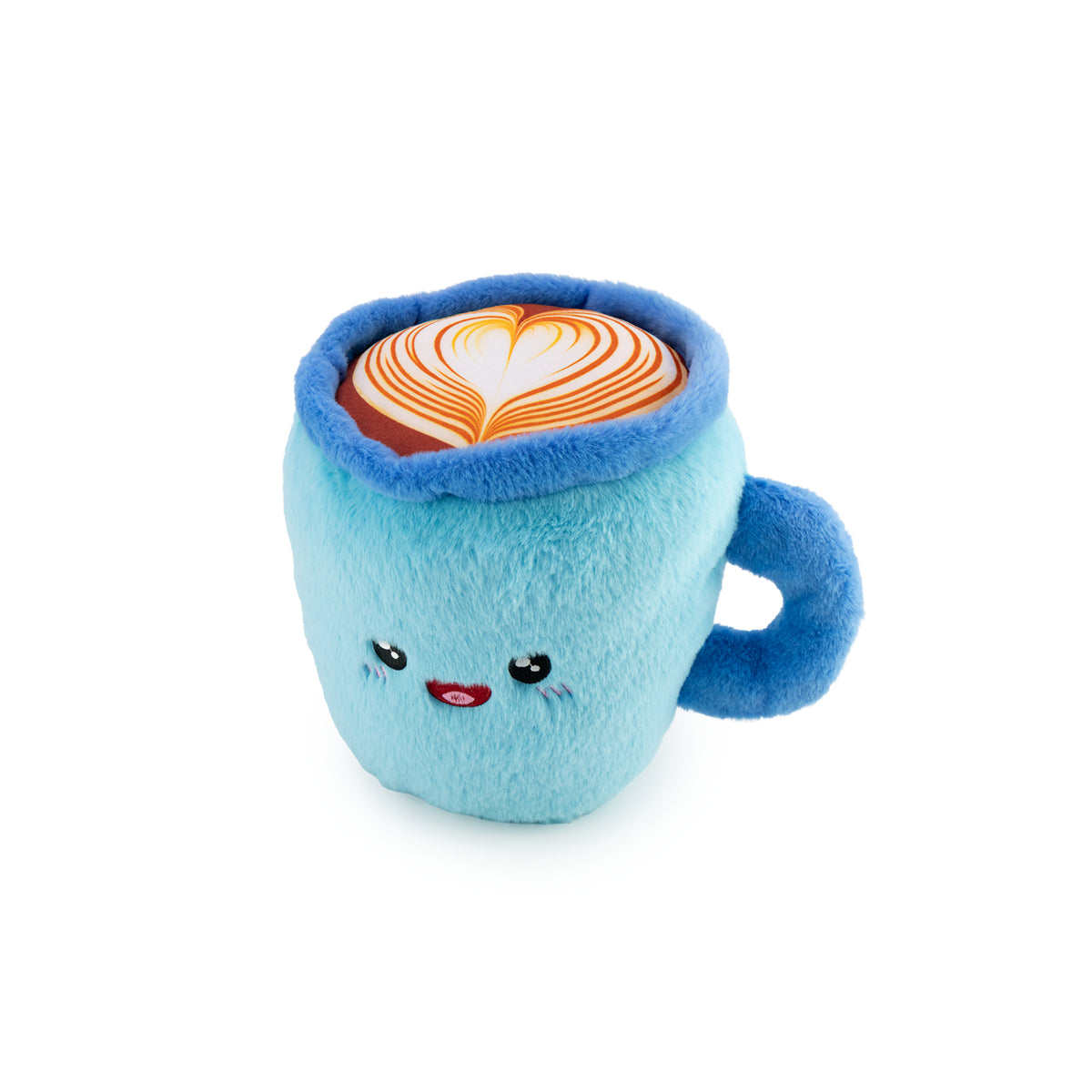 Coffee Cup Plush character in light blue with blue.