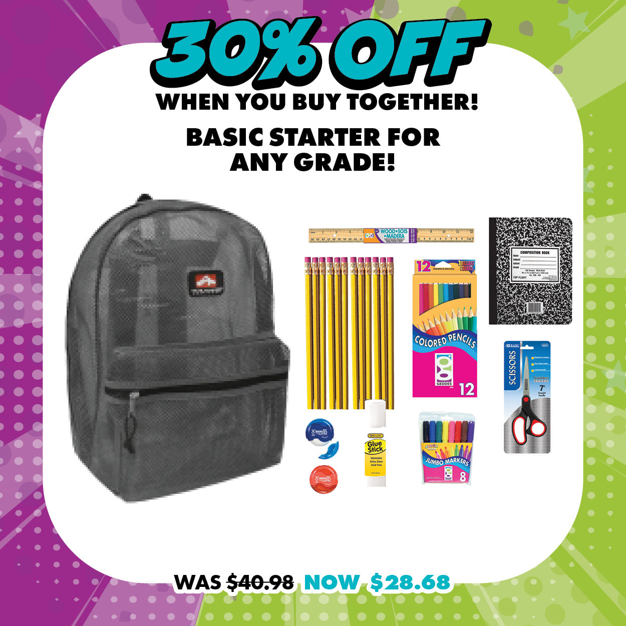 Mesh Backpack School Supplies Bundle