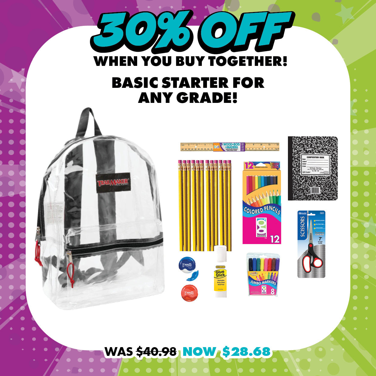 Clear Backpack Basic School Supplies Bundle